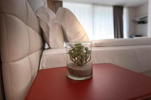 a small plant in a glass on a table at Locanda Monte Baldo in Malcesine