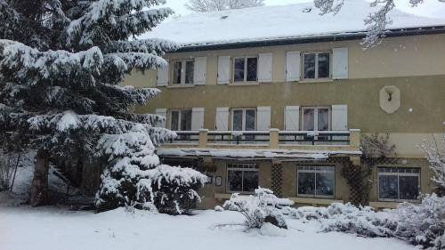 a house in the snow with snow covered trees at Hôtel du Val d'Aure in Cadéac