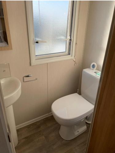 a bathroom with a toilet and a sink and a window at Willerby lamberhurst in Westgate-on-Sea