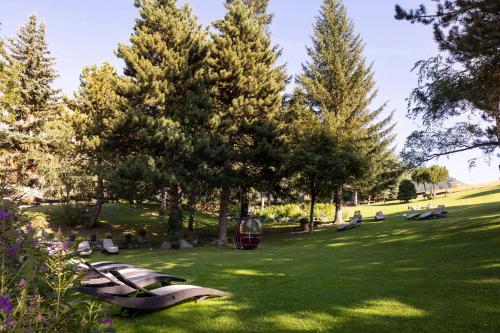a park with benches and trees in the grass at Hôtel Chalet Mounier in Les Deux Alpes