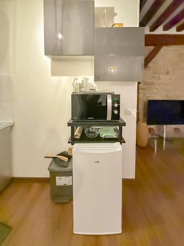 La cuisine est équipée d'un four micro-ondes et d'un petit réfrigérateur. dans l'établissement Appartement 1 Salon et 1 Chambre Proche Notre Dame Paris 5 Centre Paris, à Paris