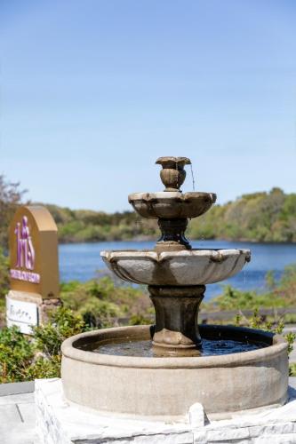 a fountain in a park with a lake in the background at Hotel Cape Cod in Falmouth