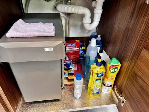 a trash can with cleaning products in a bathroom at König Georg 1 in Wurzen