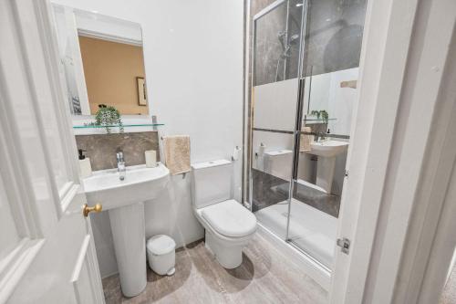 a bathroom with a toilet and a sink and a shower at Stunning 2BR Apt - Central, Argyll Square Views in Oban