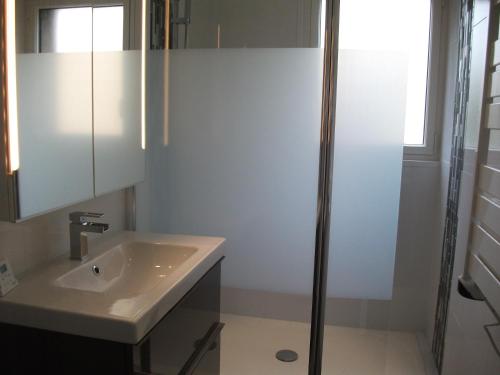 une salle de bain avec un lavabo et une douche dans l'établissement Maison 3 chambres avec terrasse, à Le Touquet-Paris-Plage