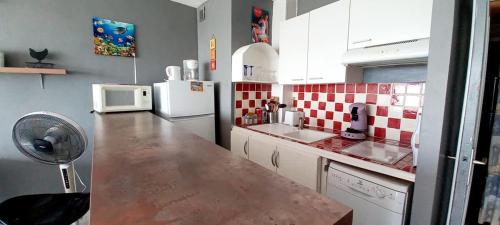 une cuisine avec des carreaux rouges et blancs sur le mur dans l'établissement Agreable studio-cabine vue mer 4 personnes à 20 m de la plage, à Valras-Plage