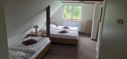 a bedroom with two beds and a window at Penzion V Kopci in Kořenov