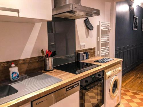 une cuisine avec un évier et une machine à laver dans l'établissement Le Lion d'Or - Appartement d'Exception - Hyper-Centre, à Arras