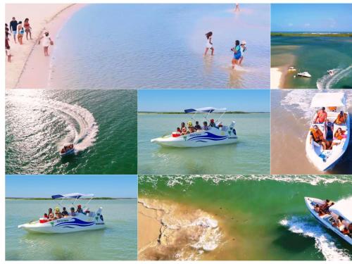 a collage of photos of people on a boat on the beach at Pousada o Forte in Mangue Sêco
