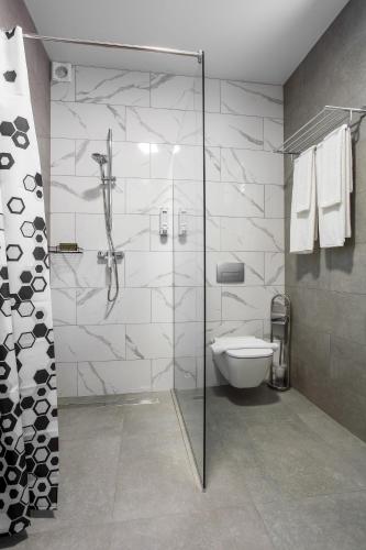 a bathroom with a glass shower and a toilet at Five Seasons apartments in Odesa