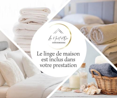 un collage de serviettes et un panier de serviettes dans l'établissement Le Carré du Mouchoir - Authentique et Fonctionnel, à Cholet