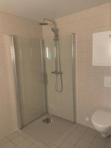 una ducha en un baño con inodoro en Private bedroom, en Moss