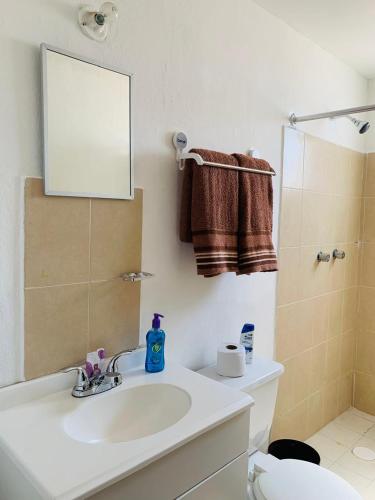 a bathroom with a sink and a toilet and a mirror at Cuarto amueblado para dama in La Cañada