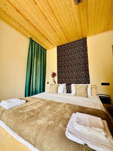 a bedroom with a large bed with a green curtain at In The Forest in Mestia
