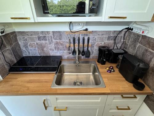 ニーデラウにあるLoge zur Wilden Auの台所用カウンター(ステンレス製のシンク付)