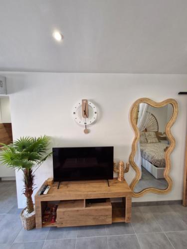 a living room with a large mirror and a coffee table at Napoléon in Roquebrune-Cap-Martin