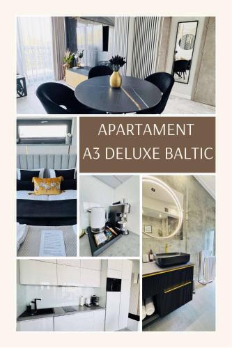 a collage of pictures of a kitchen and a table at Apartamenty BLUE BALTIC SPA Jacuzzi & Sauna MORZE in Chłopy