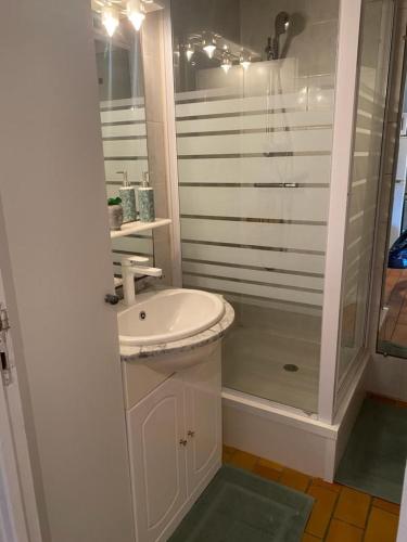 une salle de bain blanche avec un lavabo et une douche dans l'établissement closerie, à Grosseto-Prugna