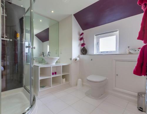 a bathroom with a shower and a toilet and a sink at Oak Lodge B&B in Bude