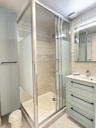 une salle de bain avec douche et lavabo dans l'établissement A 200m de la plage Confortable pavillon pour 6 personnes, à Valras-Plage