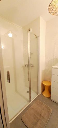 La salle de bains est pourvue d'une douche, de toilettes et d'un tapis. dans l'établissement Appartement proche la mer dans une résidence calme, à Valras-Plage