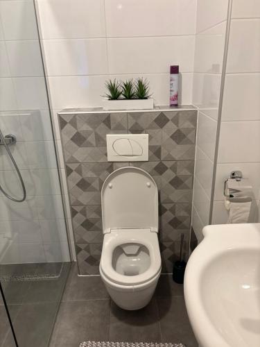 a small bathroom with a toilet and a sink at Apartman M&M Osijek in Osijek