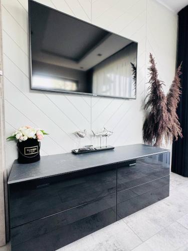 a black dresser with a mirror on a wall at Apartamenty BLUE BALTIC SPA Jacuzzi & Sauna MORZE in Chłopy