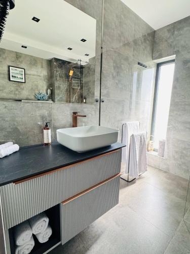 a bathroom with a sink and a shower at Apartamenty BLUE BALTIC SPA Jacuzzi & Sauna MORZE in Chłopy