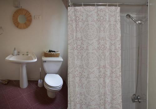 a bathroom with a toilet and a shower curtain at Refugio de Montaña in San Francisco