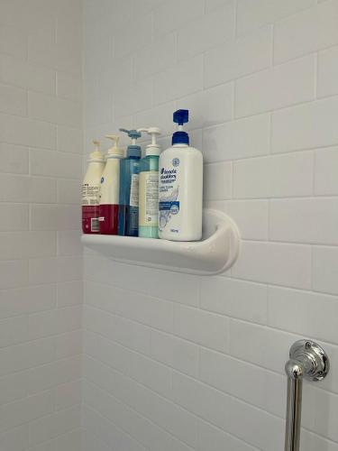 a shelf in a bathroom with bottles of soap and shampoo at Cozy house in Brossard in Brossard