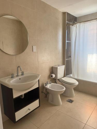 a bathroom with a sink and a toilet and a mirror at Departamento de un dormitorio - FRANCIA in Santa Fe