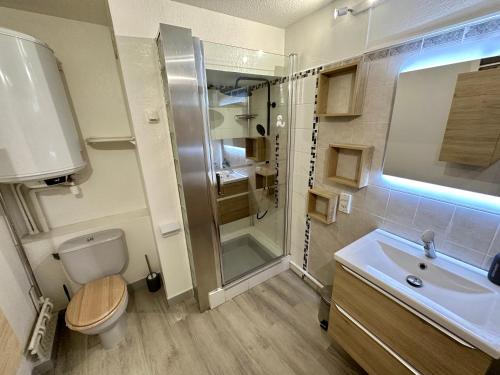 une salle de bain avec une douche, des toilettes et un lavabo dans l'établissement Appartement port Hermes Frejus, à Fréjus