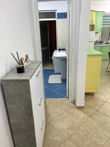a bathroom with a sink and a bath tub at Ermes Center Apartment in Elbasan