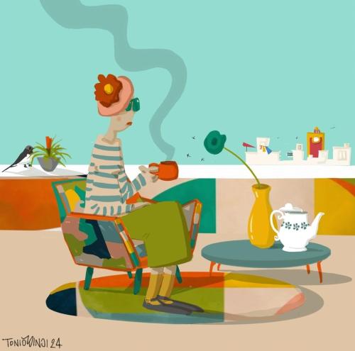 a woman sitting in a chair with a cup of coffee at Vista cielo in Palagiano