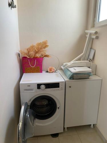a washing machine with a basket on top of it at MARIA cozy apartments in Sfakaki