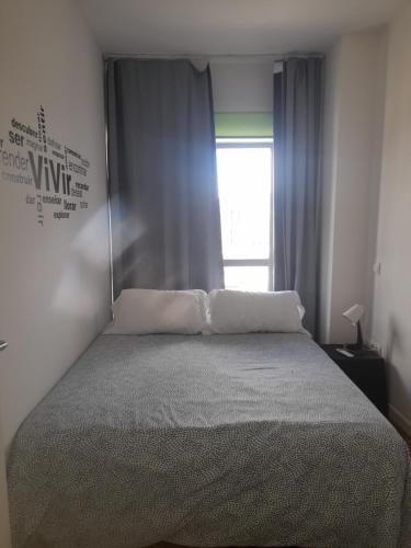a bedroom with a large bed with a window at TOLETUM low cost LOFTS diáfanos o 2dormitorios PARKING Municipal Gratis al aire libre a 100m in Toledo