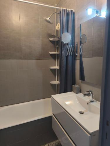 La salle de bains est pourvue d'un lavabo et d'une douche avec baignoire. dans l'établissement Location vacances Barcelonette, à Barcelonnette