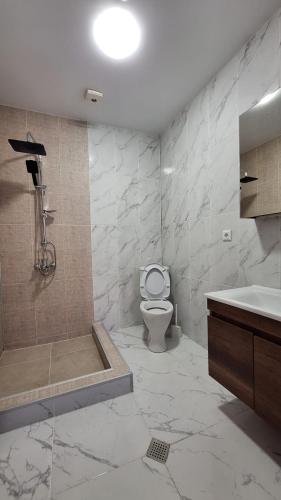 a bathroom with a toilet and a shower and a sink at Guesthouse Family in Gergeti