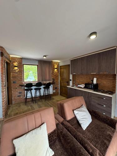 a living room with a couch and a kitchen at Villa Nur - Lake View Apartaments in Mavrovi Anovi