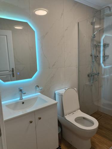 a bathroom with a sink and a toilet and a mirror at Holiday Home Klimataria in Áyios Pétros