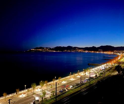 - une vue nocturne sur une ville et une masse d'eau dans l'établissement ToiTmer, à Cannes