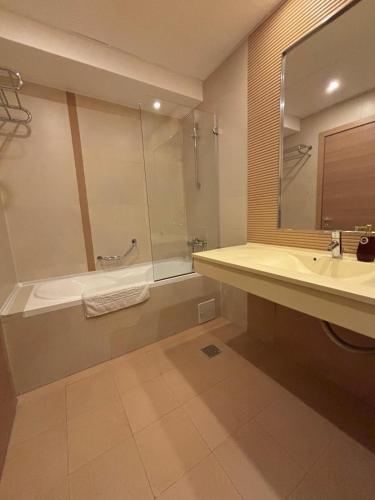 a bathroom with a shower and a sink and a tub at CAMA Vip Room's in Bucharest