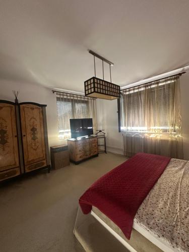 a bedroom with a bed and a tv and windows at Căsuța din povești in Oradea