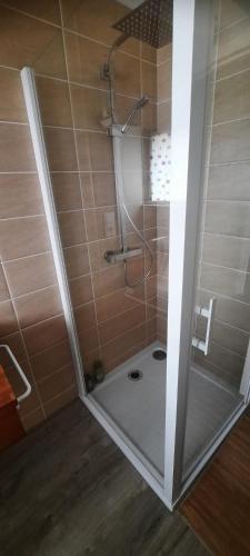 une douche avec une porte vitrée dans une salle de bain dans l'établissement Maison d'architecte avec foret et immense jardin, à Saintes