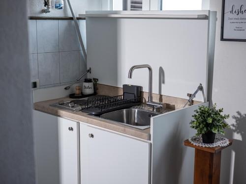 a small kitchen with a sink and a stove at Attico elegante con terrazza panoramica, in centro in Piacenza