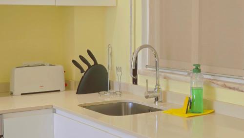 een aanrecht met een gootsteen en een messenblok bij Praia Eulália with pool and 5 minutes from the beach in Albufeira