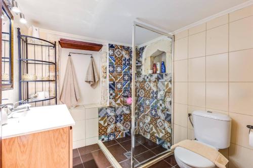 a bathroom with a toilet and a shower at Villa Thimari by Villa Plus in Melidhónion