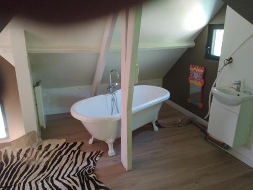 une salle de bain avec une baignoire et un tapis zèbre dans l'établissement Maison Bord de Seine, à Belbeuf