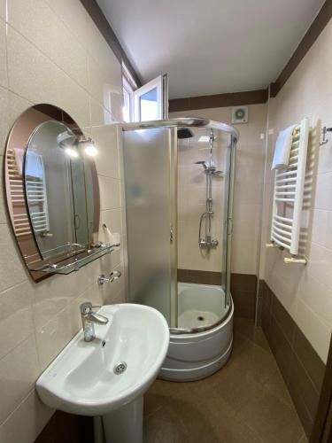 a bathroom with a shower and a sink and a toilet at Villa Visteria with terrace in Batumi