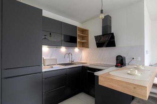 une cuisine avec des armoires noires et blanches et un évier dans l'établissement Cosy et Design proche Groupama Stadium, à Villeurbanne